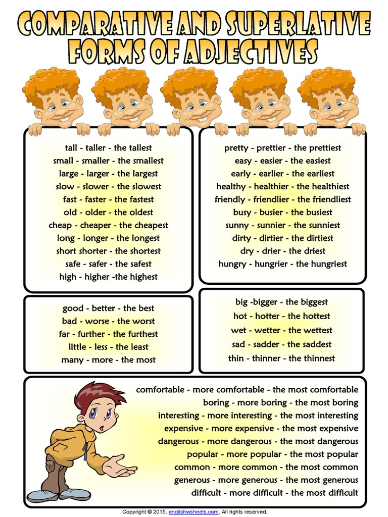 Most Common Comparative and Superlative Forms of Adjectives List For Esl  Classroom | PDF
