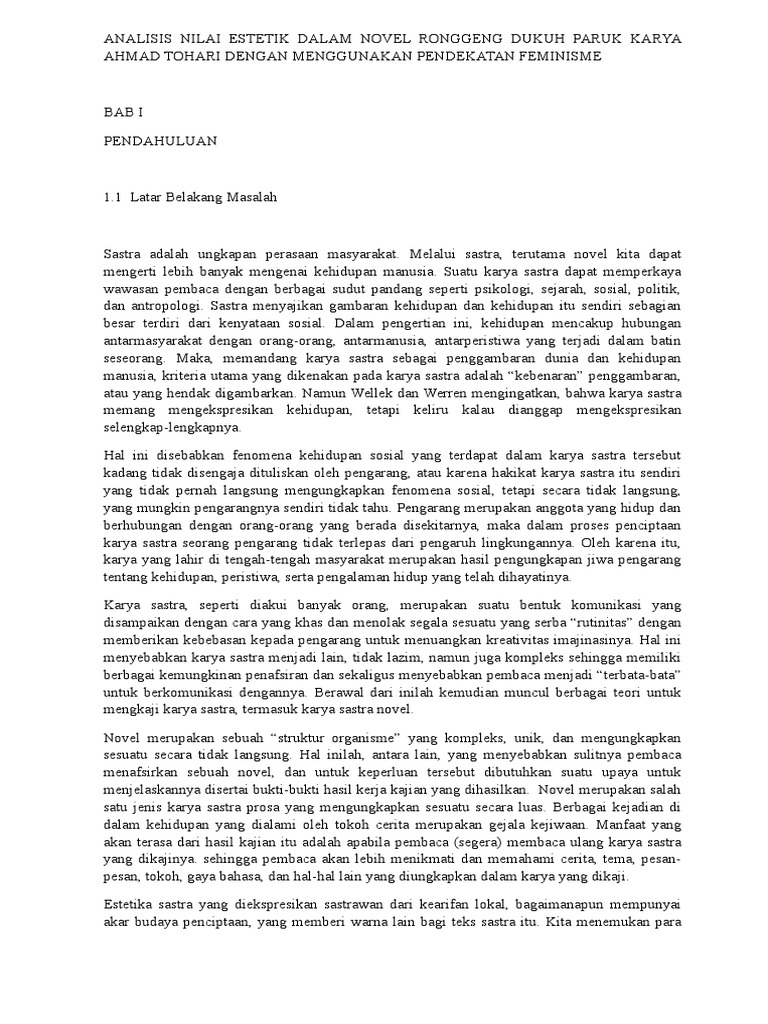 Analisis Nilai Estetik Dalam Novel Ronggeng Dukuh Paruk Karya Ahmad Tohari Dengan Menggunakan Pendekatan Feminisme