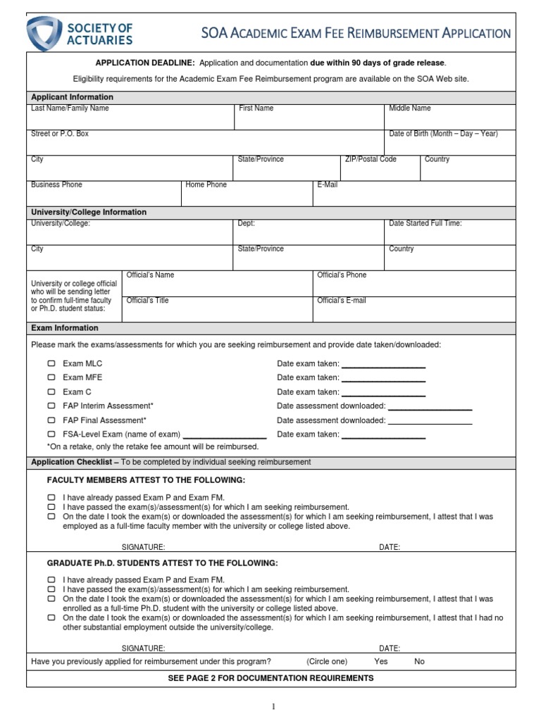 SOA Exam Fee Reimbursement Form | PDF | Doctor Of Philosophy | Doctorate