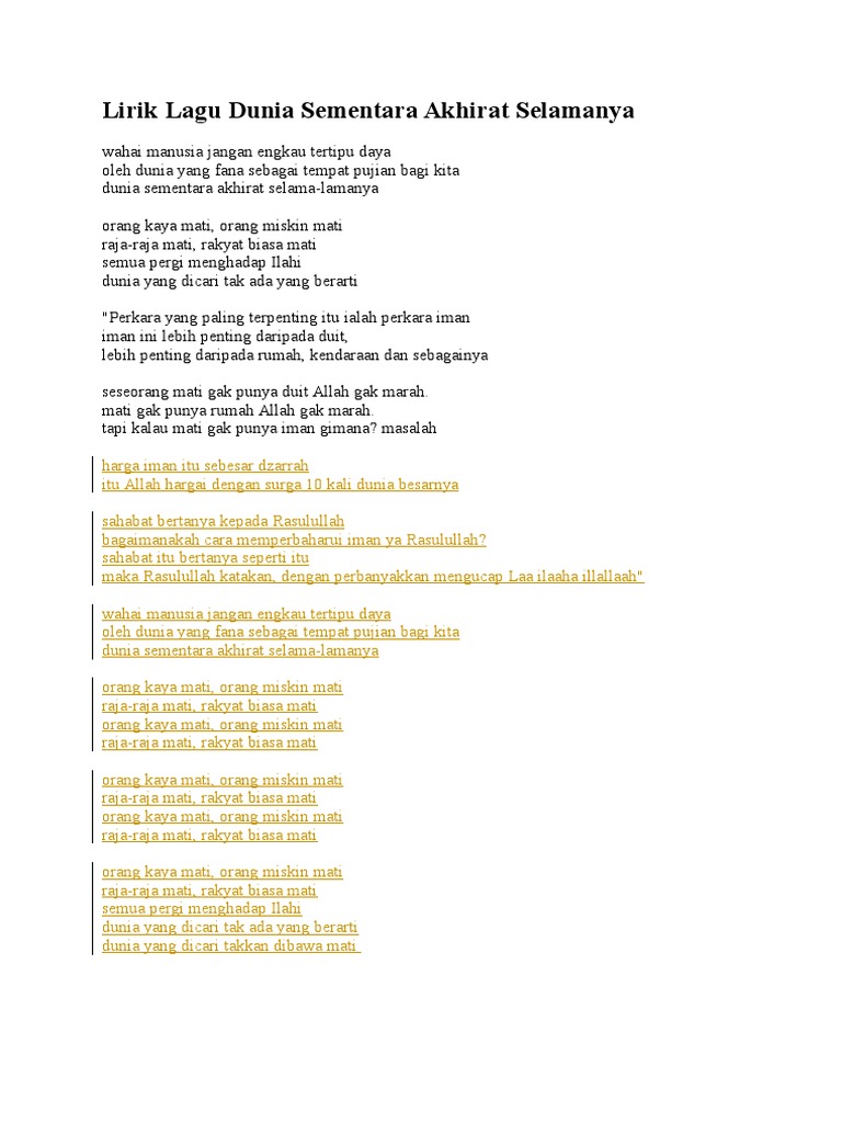 Lirik Lagu Dunia Sementara Akhirat Selamanya
