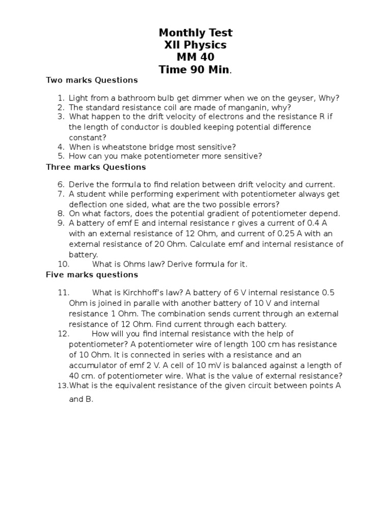 Class 12 Physics Monthly Test Overview | PDF | Series And Parallel ...