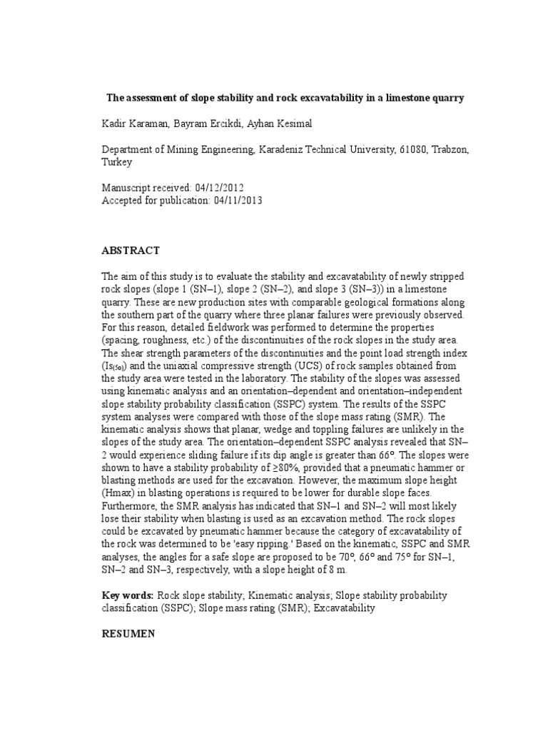 The Assessment of Slope Stability and Rock Excavatability in A ...