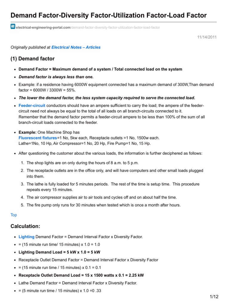 Electrical Engineering Portal Com Demand Factor Diversity Factor
