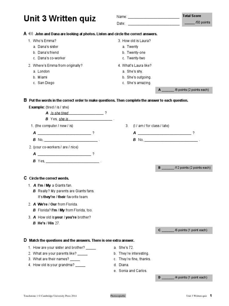 Touchstone 1 Unit 3 Written Quiz 3