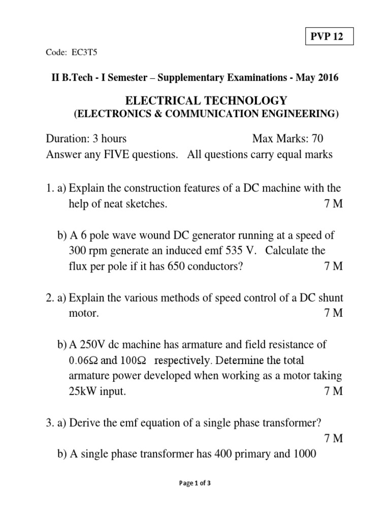 Supplementary Examinations Questions Covering DC Machines, Transformers, Induction Motors