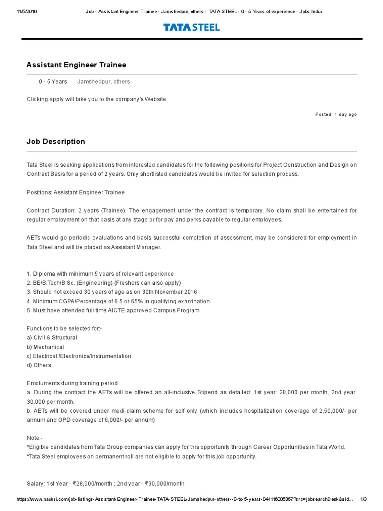Job - Assistant Engineer Trainee - Jamshedpur, Others - TATA STEEL - 0 ...