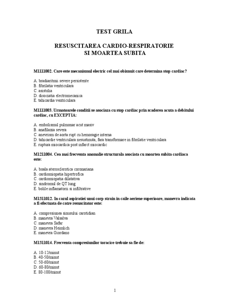 Resuscitarea Cardio Respiratorie Test Grila | PDF