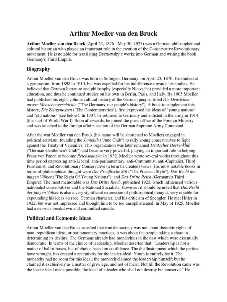 Arthur Moeller Van Den Bruck Biography PDF Social Ideologies Ideologies
