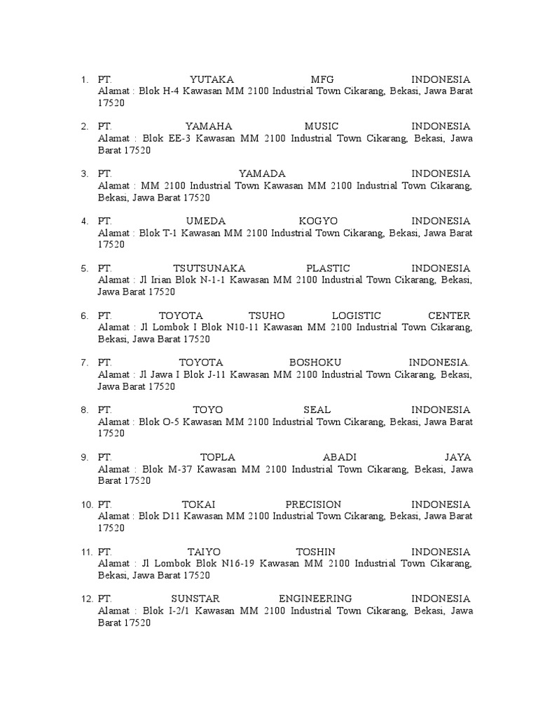 Alamat Pt Yamaha Music Manufacturing Indonesia Kawasan