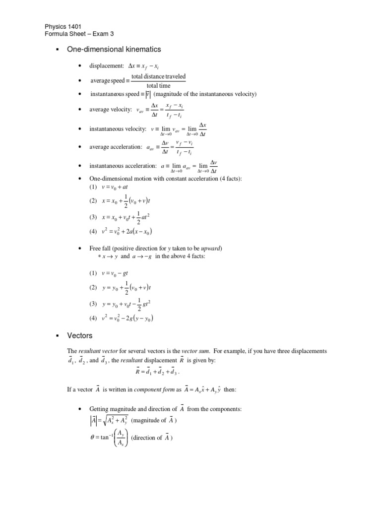 One-Dimensional Kinematics: Physics 1401 Formula Sheet - Exam 3 | PDF ...