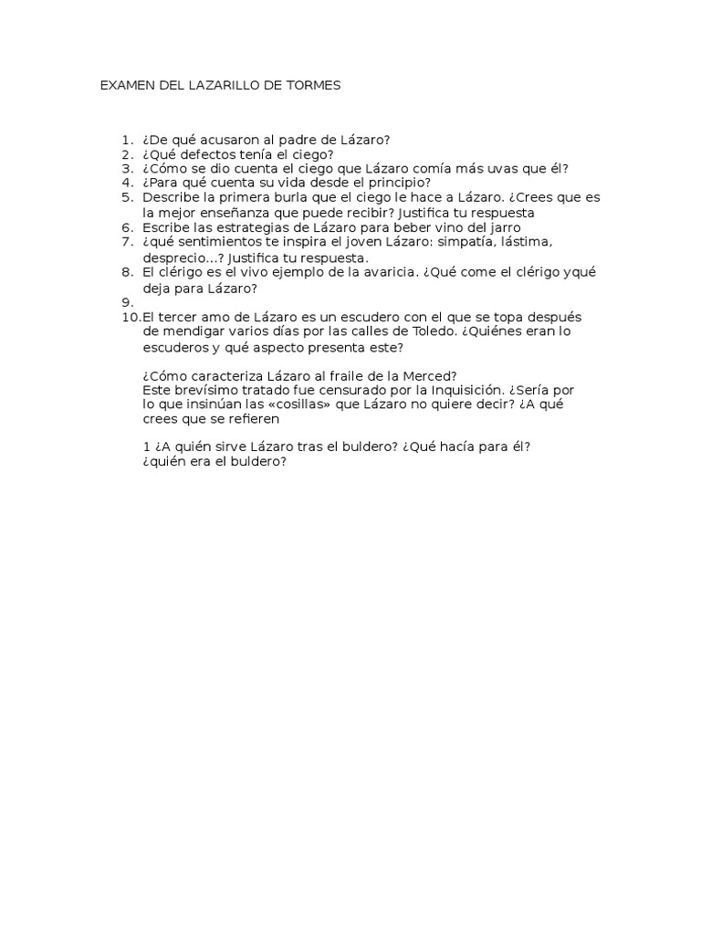 Examen sobre El Lazarillo de Tormes | PDF
