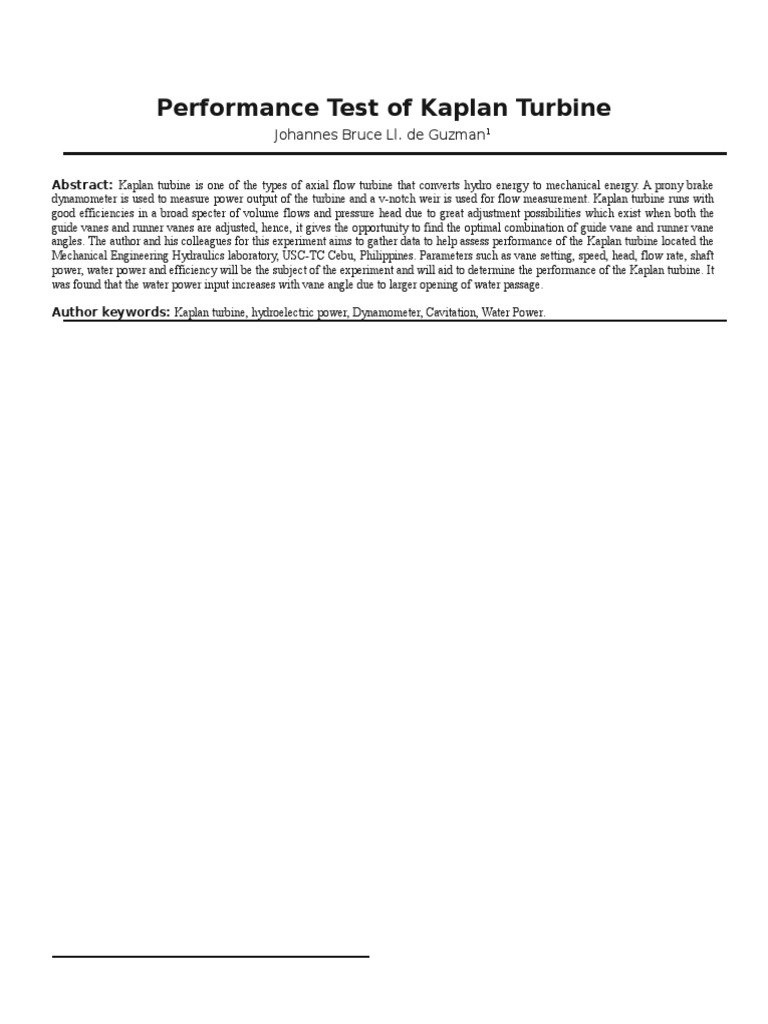 Performance Test of Kaplan Turbine | PDF | Turbine | Hydroelectricity