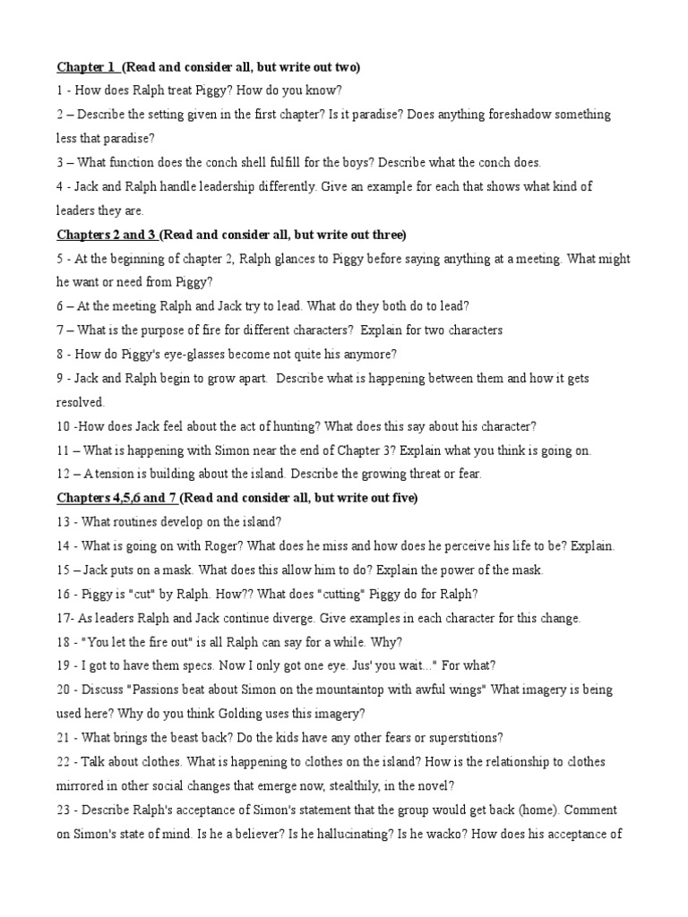 Lord of the Flies Reading Comprehension Quide Questions