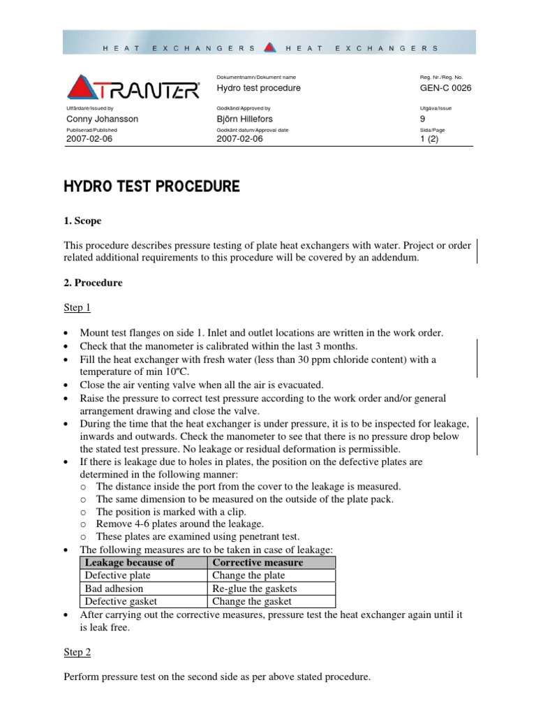 Hydro Test Procedure for Heat Exchanger Gas Technologies Applied