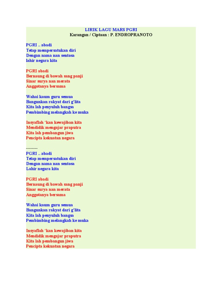 Lirik Lagu Mars Pgri Lirik Lagu Mars Pgri