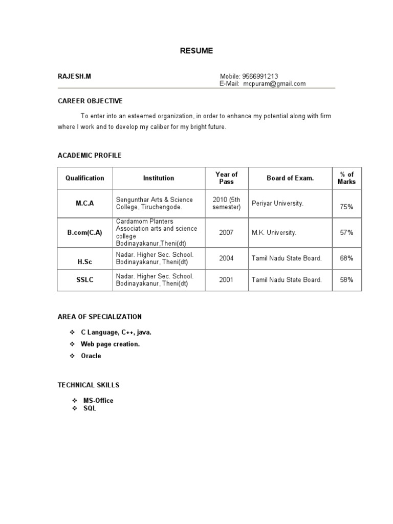 Rajesh M. Resume - MCA Graduate | PDF