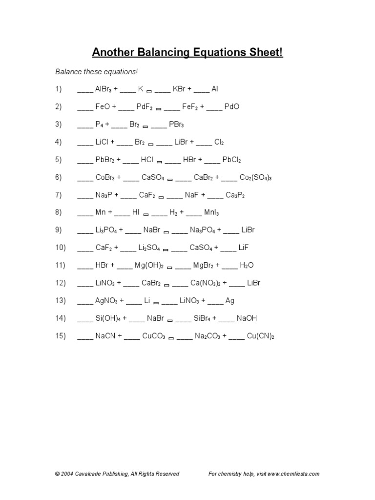 Year 11 Balancing Equations Worksheet
