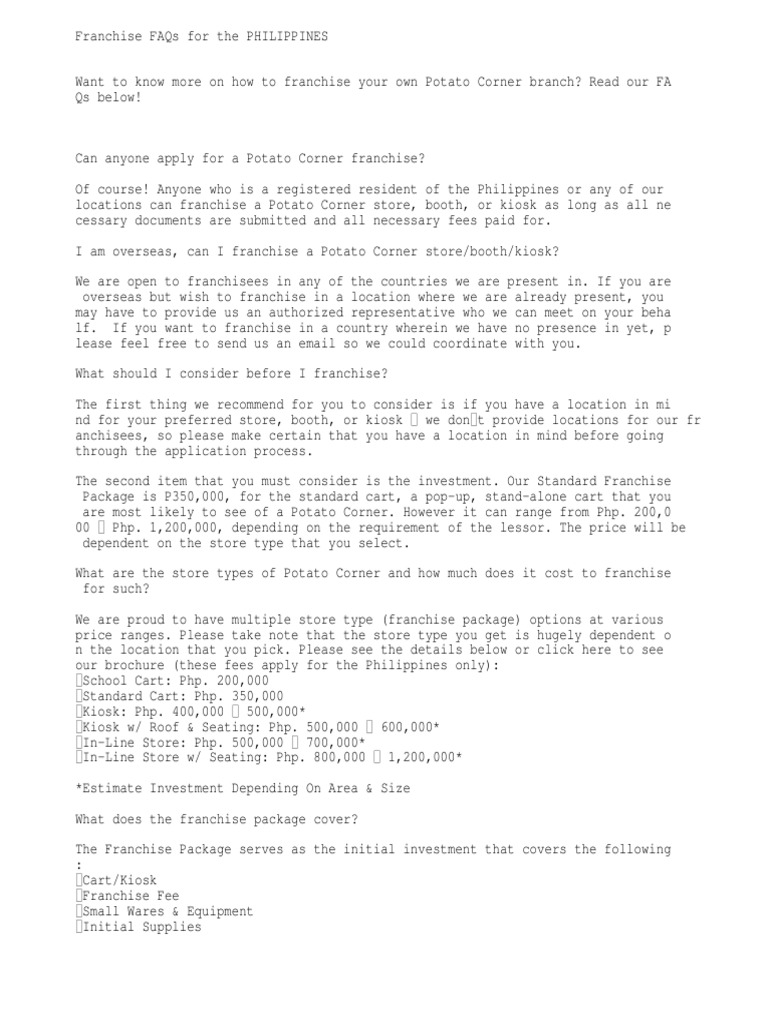 Potato Corner Franchise PDF Franchising Business (General)