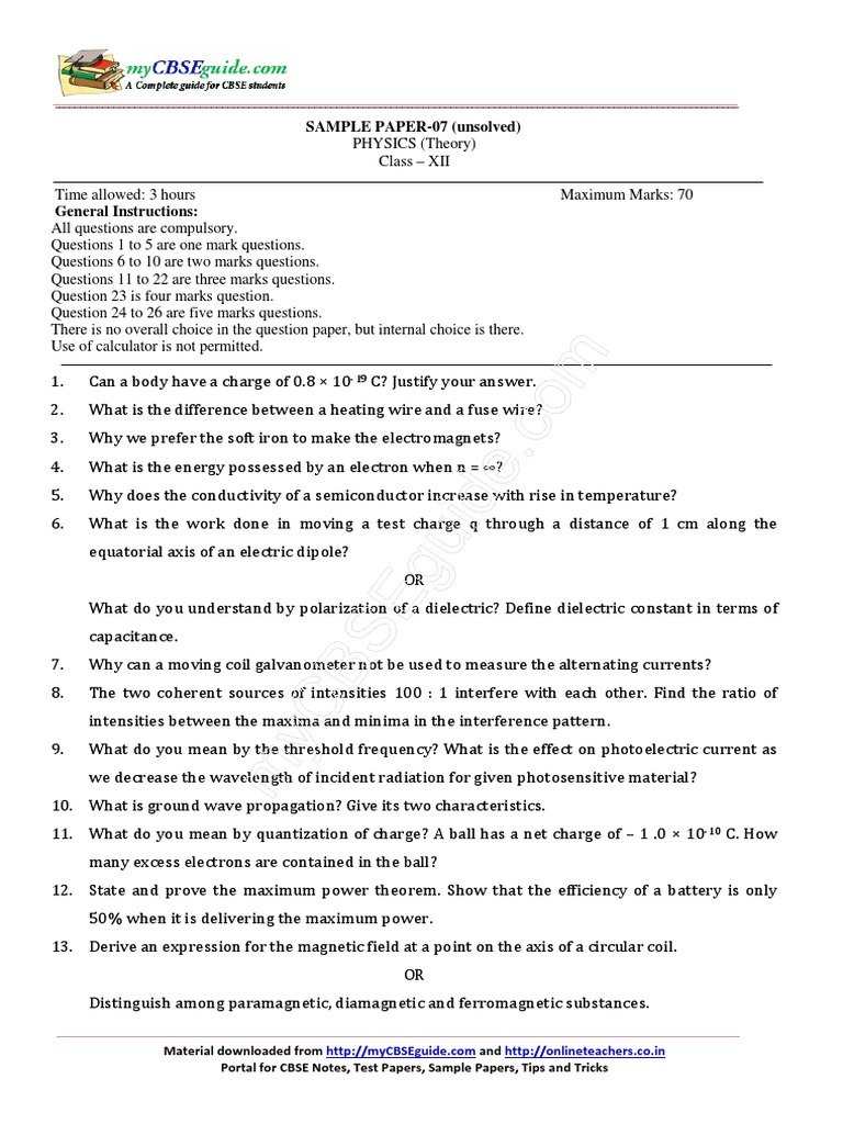 Unsolved Physics Sample Paper Class XII | PDF | Electrical Impedance ...