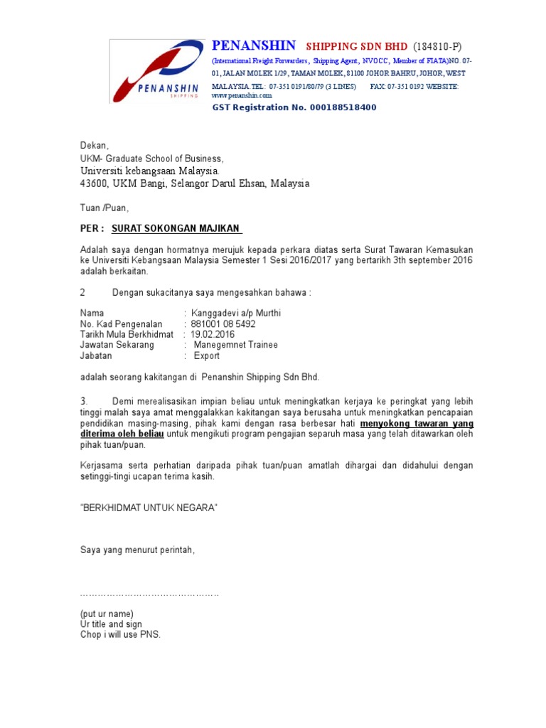 Contoh Surat Kebenaran Majikan Untuk Sambung Belajar Ukm