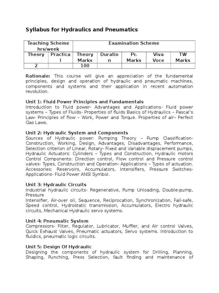 Hydraulics and Pneumatics Syllabus | PDF | Technology & Engineering