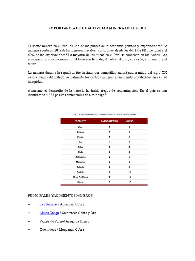 Importancia de La Actividad Minera en El Peru | PDF | Perú | Minería