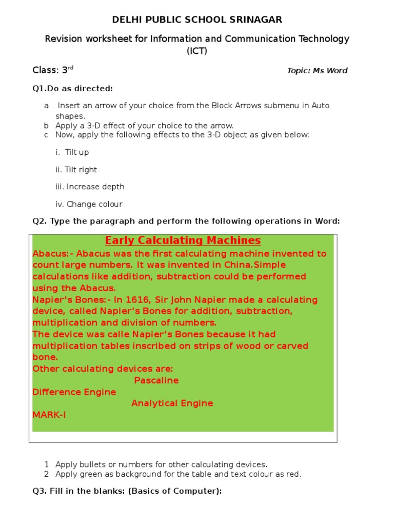 revision worksheet of computer science fot class 3