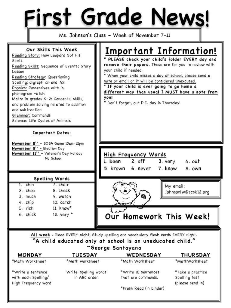 Weekly Homework Overview for Ms. Johnson's Class | PDF | Language Arts ...