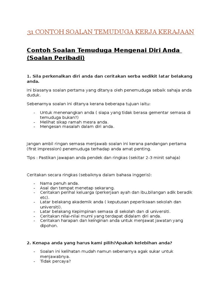 31 Contoh Soalan Temuduga Kerja Kerajaan Pdf