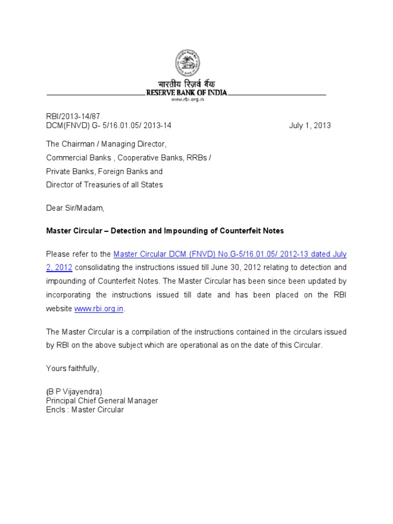 RBI Notice for Depositing Counterfeit Notes Banknote Reserve Bank