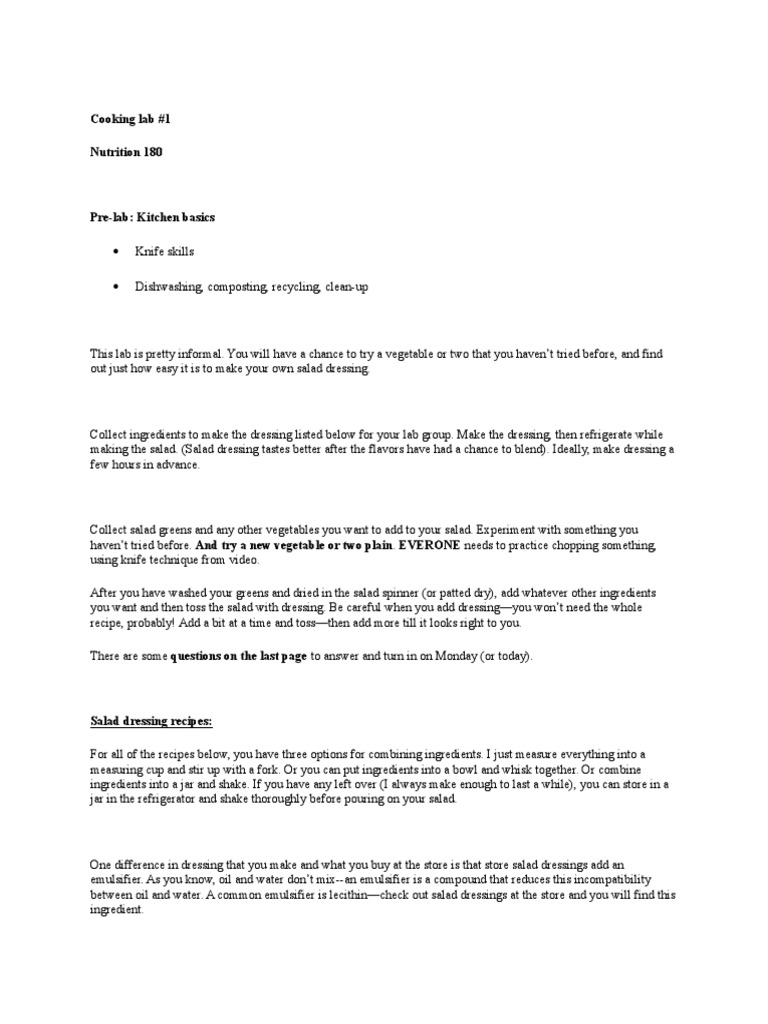Cooking Lab Recipes PDF Salad Baking