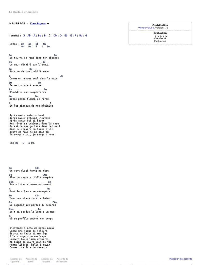 Je T Aimais Je T Aime Et Je T aimerai Chords Partitions - Naufrage - Dan Bigras (Accords Et Paroles ) | PDF |  Divertissement (Général)