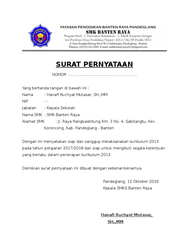 Contoh Surat Pernyataan Siap Melaksanakan Kurikulum 2013