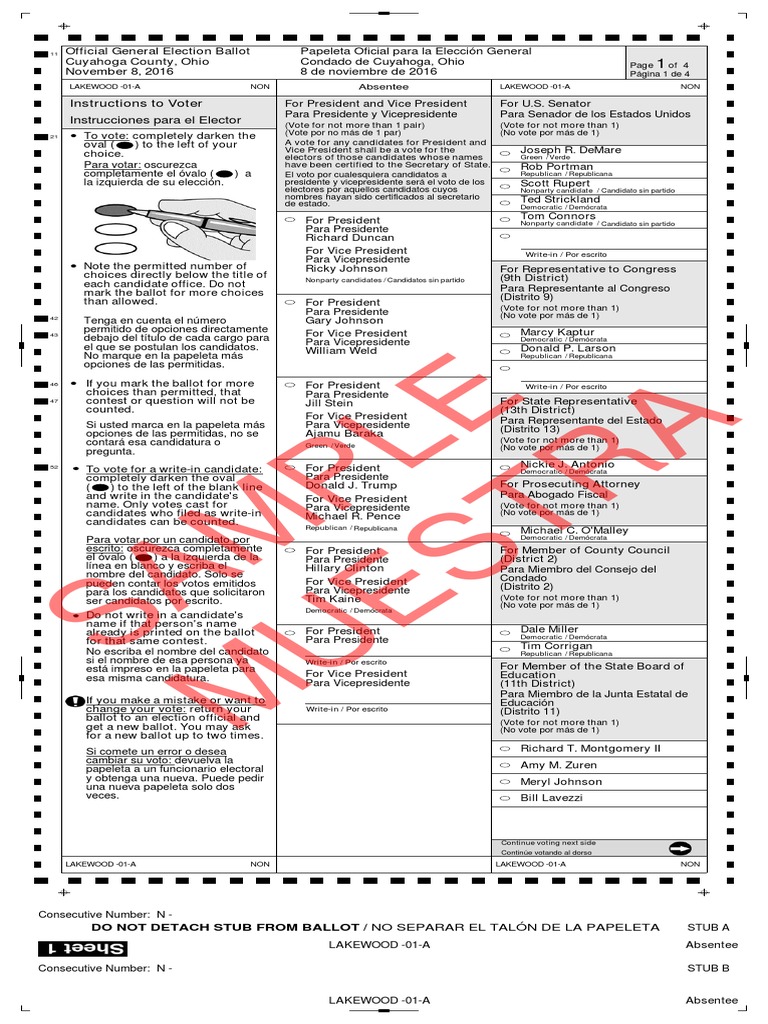 Lakewood, Ohio Sample Ballot Votación Política de los Estados Unidos