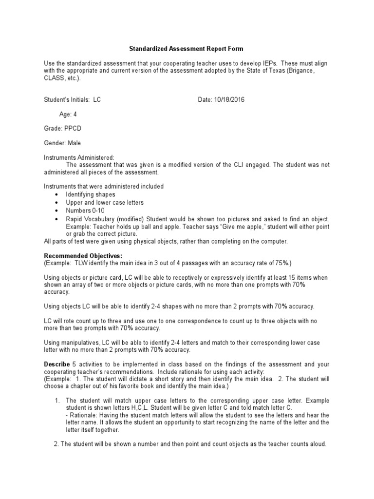standardized assessment report form Educational Assessment Quality