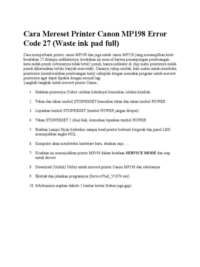 Reset Printer Canon MP198 dan MP250 | PDF | Komputer
