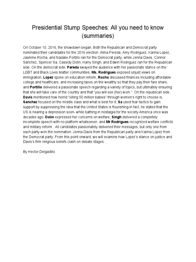 Presidential Stump Speeches All You Need To Know (Summaries) PDF