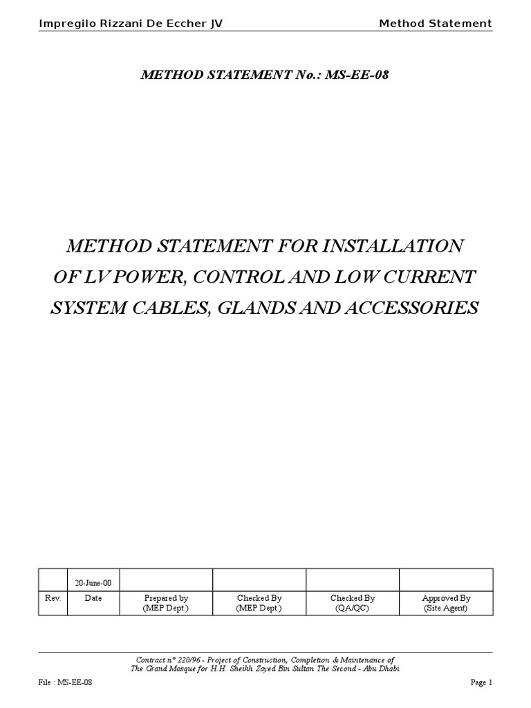 LV Cable Installation Method Statement | PDF | Cable | Industries