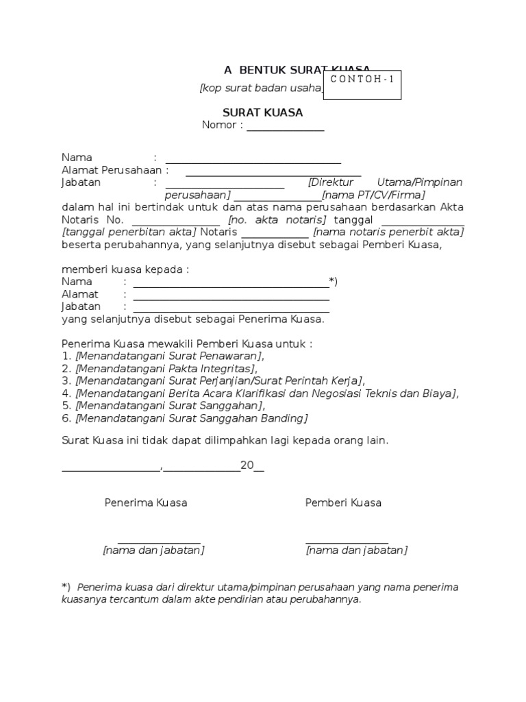 Bentuk Surat Kuasa Perusahaan