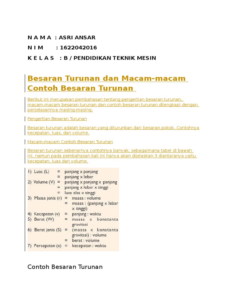Contoh Besaran Turunan Beserta Penjelasannya - Simak 
