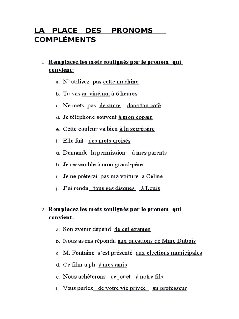 Exercices sur les pronoms compléments | PDF | Arts du langage et discipline