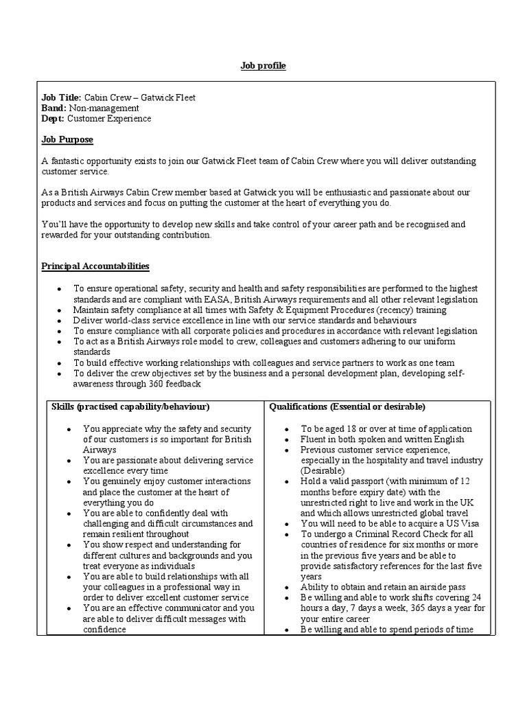 Job Description Cabin Crew PDF Flight Attendant Safety