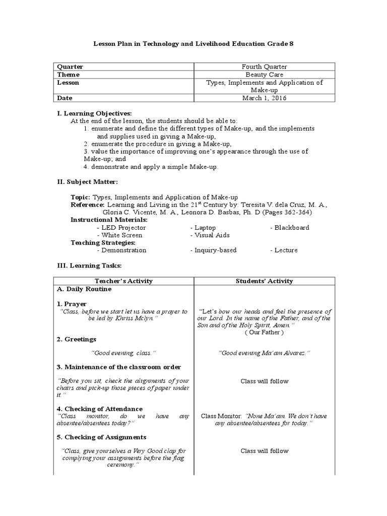 Lesson Plan in Beauty Care Grade 8 (TVE) Grade | Eyebrow | Cosmetics