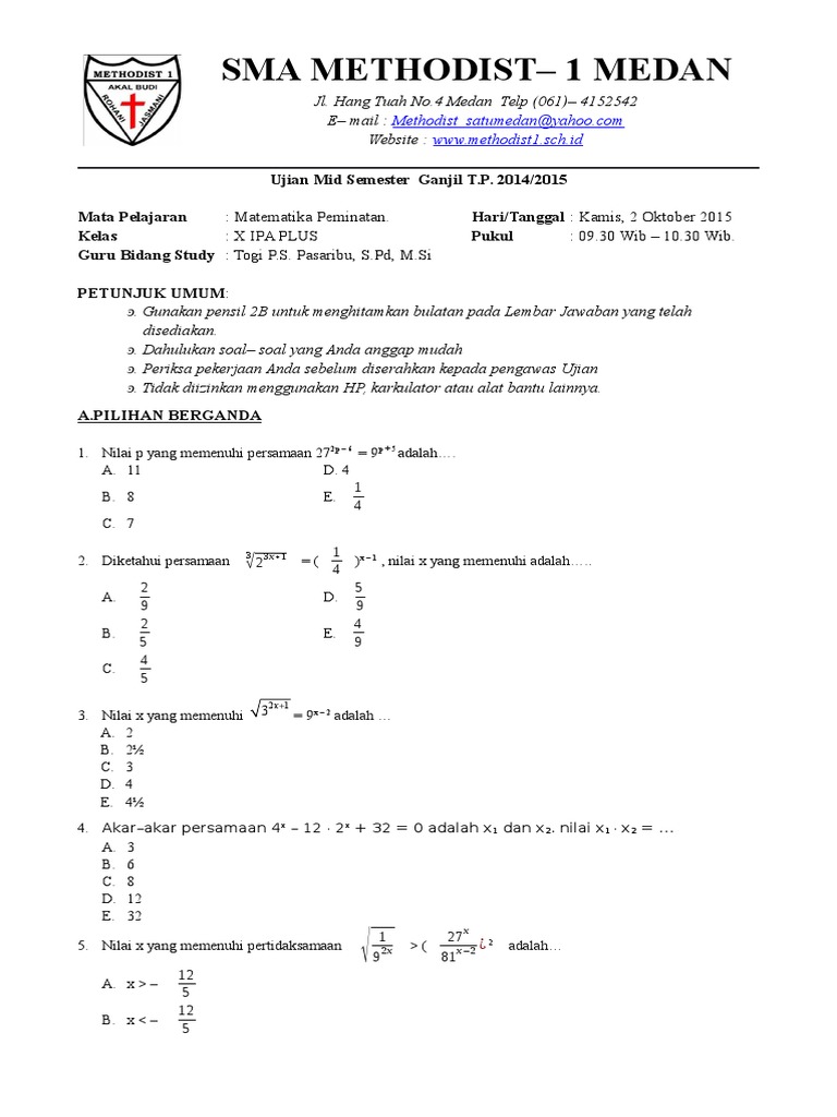 Soal Uts Mat Peminatan Kelas X Plus 2015 2016