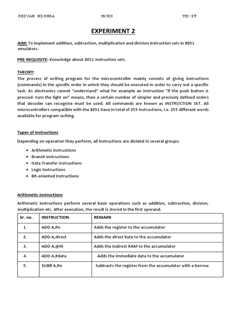 Experiment 2: AIM: To Implement Addition, Subtraction, Multiplication ...