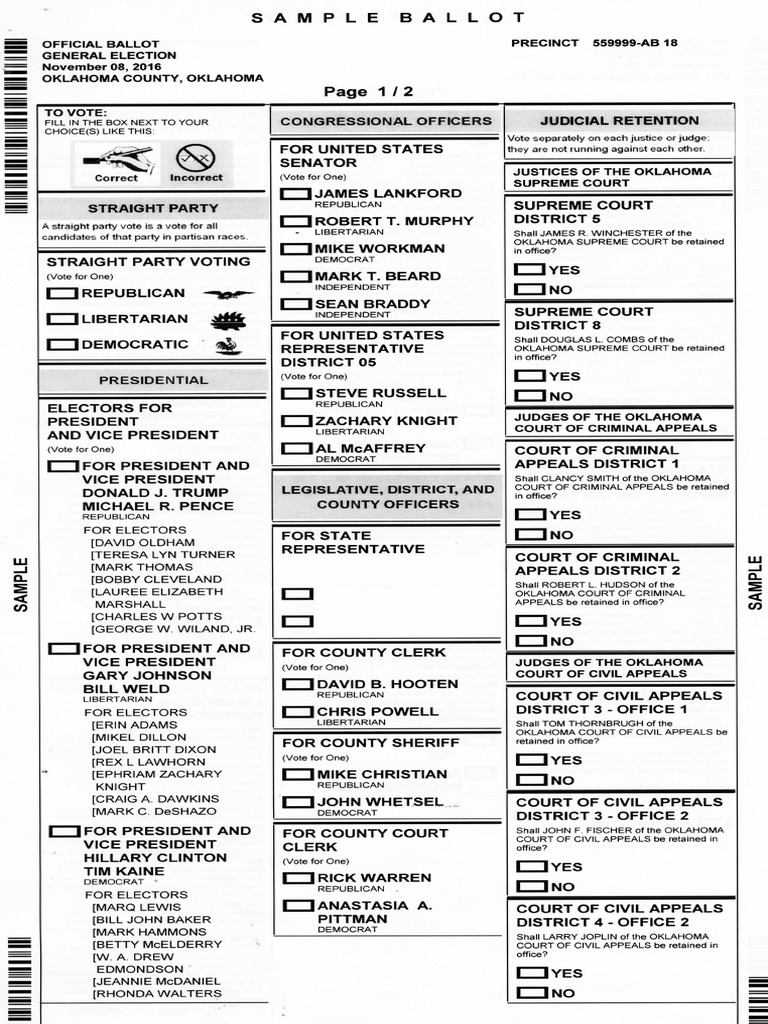 2016 general election sample ballot for Oklahoma