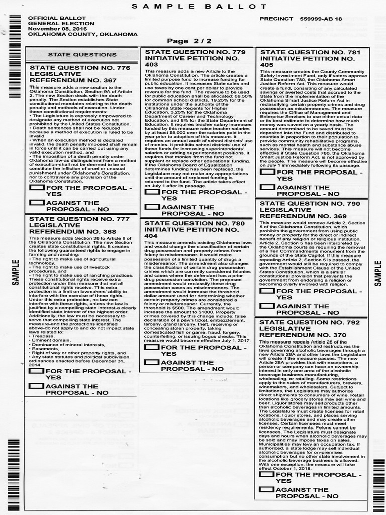 2016 General Election Sample Ballot For Oklahoma (State Questions)