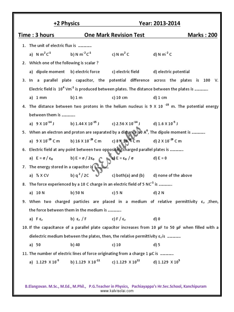 +2 PHYSICS 200 MCQ EM Test WITH Answer Key and Problems Key | PDF ...