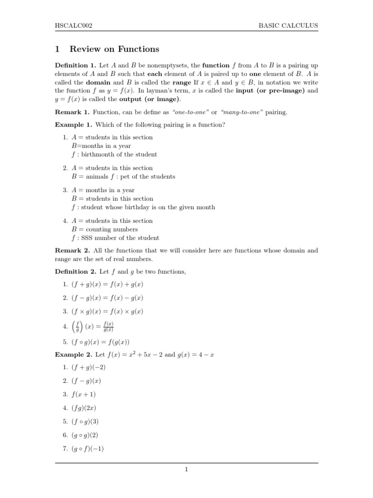 1 Review On Functions: F G F (X) G (X) | PDF
