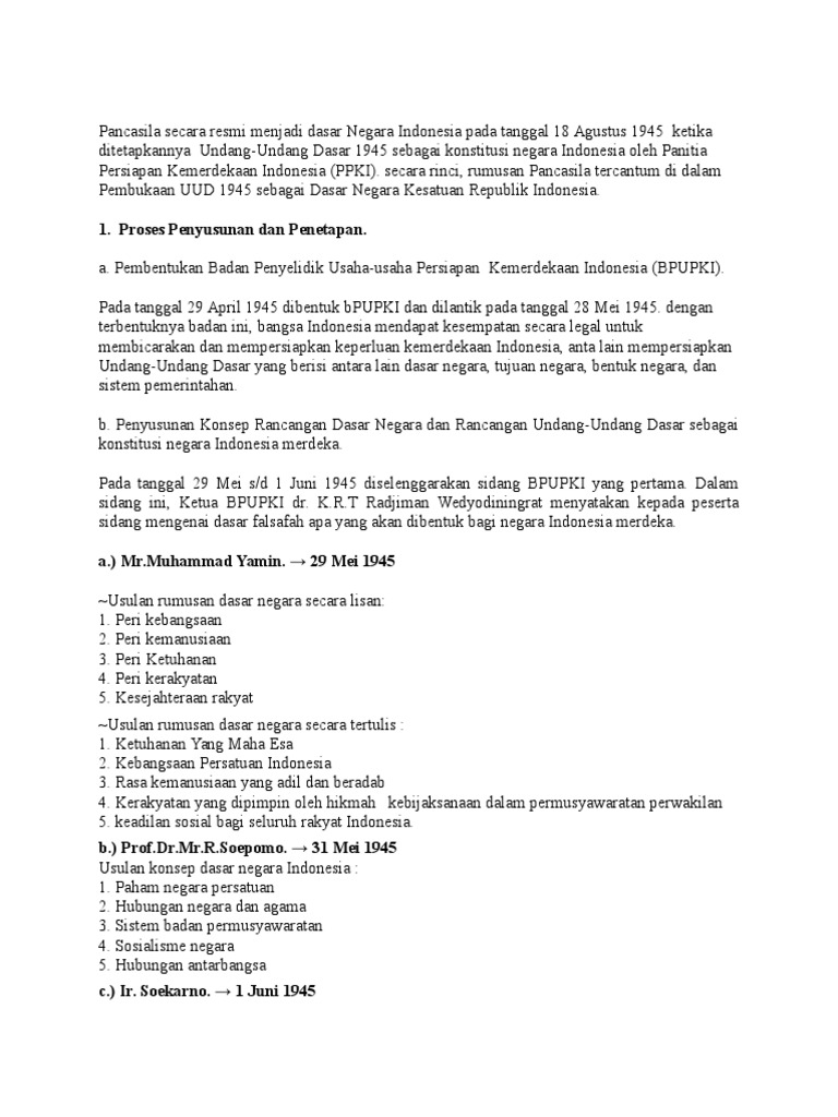 Pancasila telah disepakati secara nasional sebagai dasar negara pada tanggal 18 agustus 1945 melalui